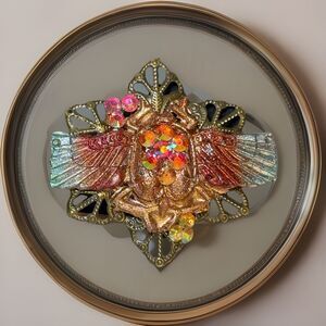 Egyptian Sacred Scarab Bronze Filigree Rhinestone Brooch Artisan One Of A Kind